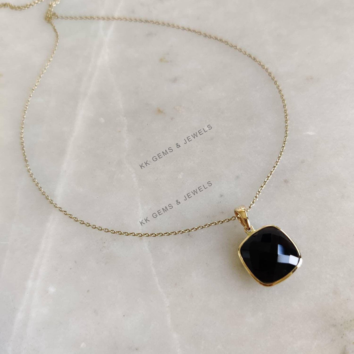 14K Solid Yellow Gold Natural Black Onyx Square Pendant, December Birthstone