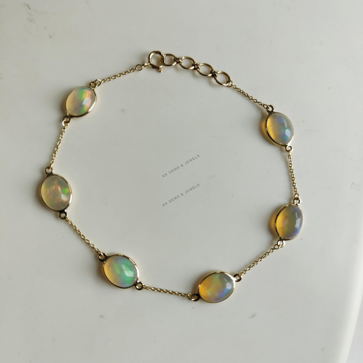 14K Solid Gold Natural Ethiopian Opal Bracelet, Dainty Chain Bracelet