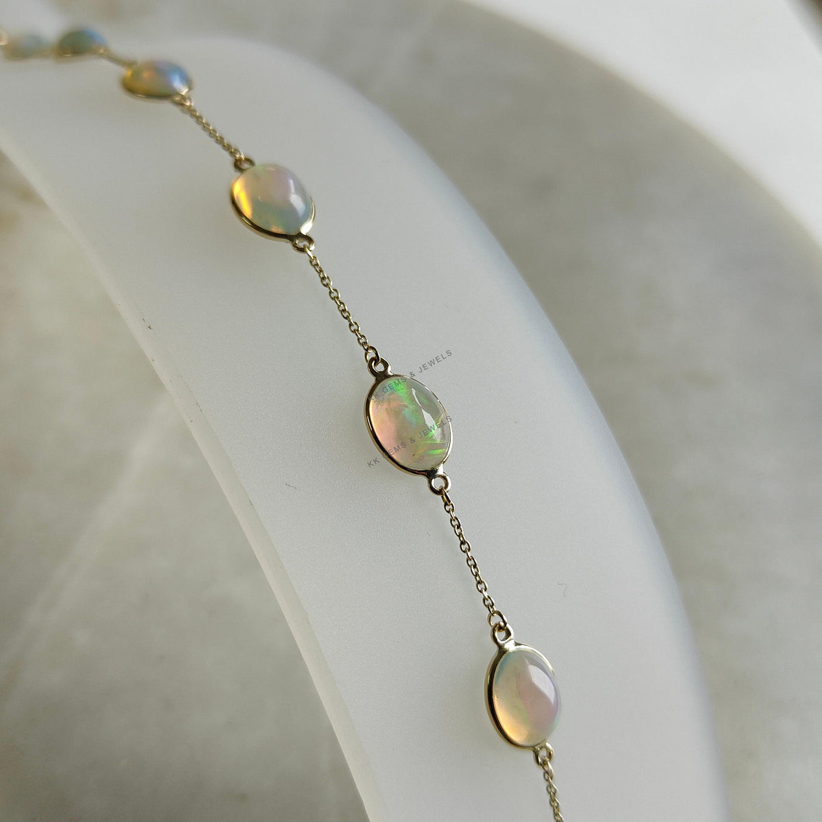 14K Solid Gold Natural Ethiopian Opal Bracelet, Dainty Chain Bracelet