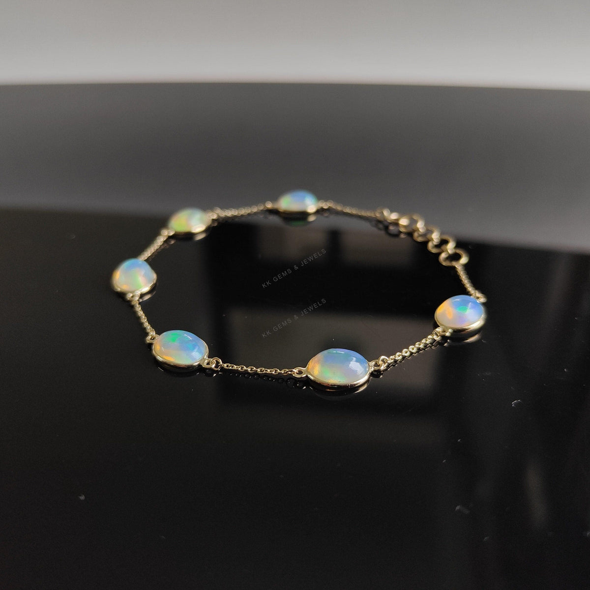 14K Solid Gold Natural Ethiopian Opal Bracelet, Dainty Chain Bracelet