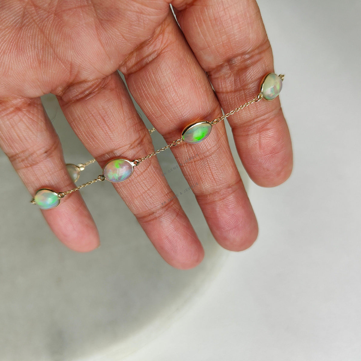14K Solid Gold Natural Ethiopian Opal Bracelet, Dainty Chain Bracelet