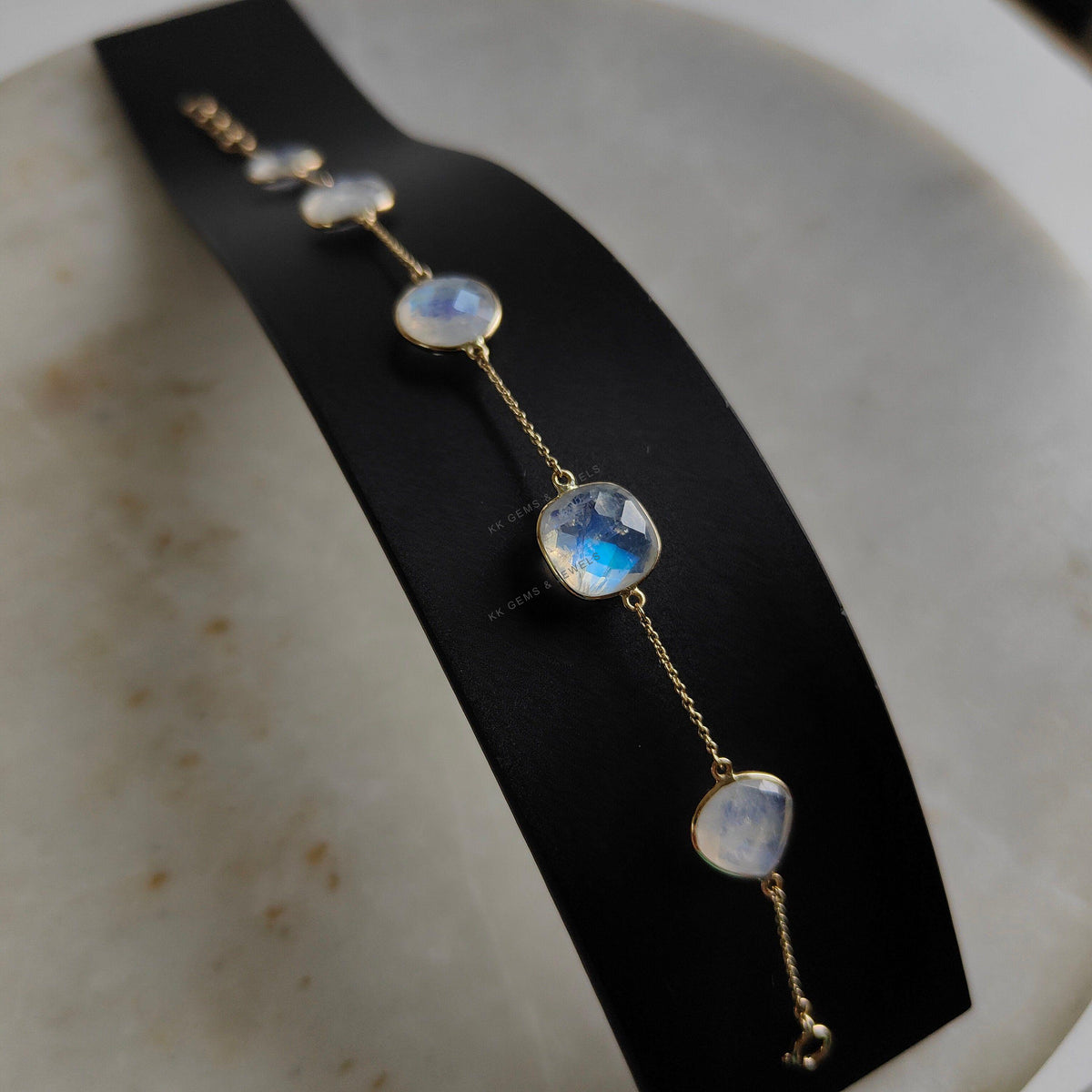 14K Solid Gold Natural Rainbow Moonstone Bracelet, June Birthstone Chain Bracelet