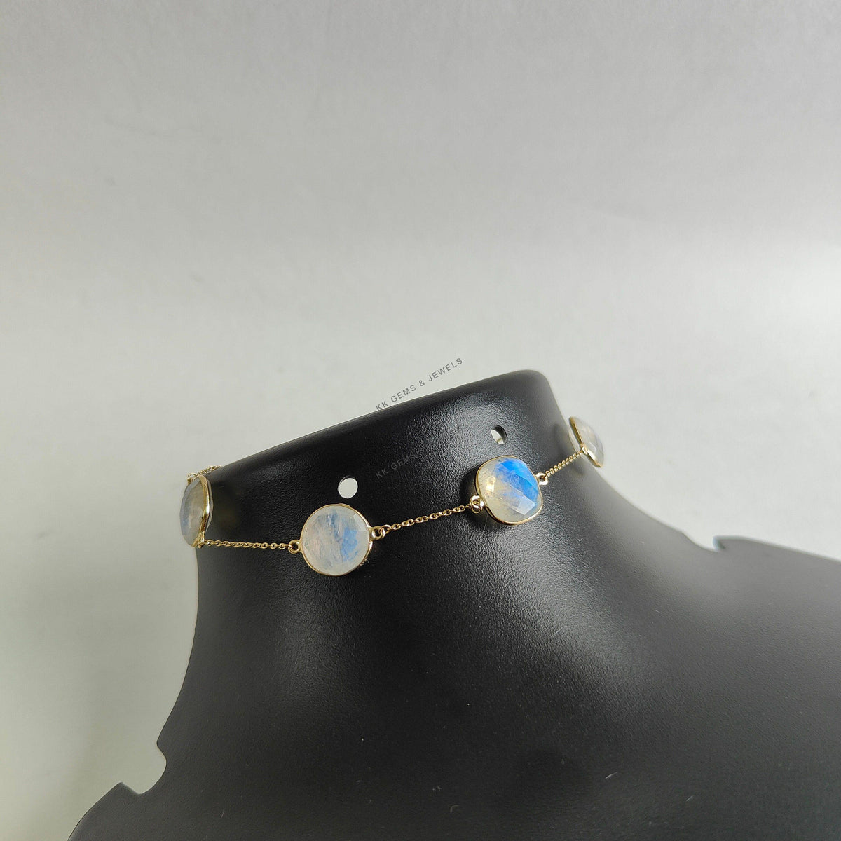 14K Solid Gold Natural Rainbow Moonstone Bracelet, June Birthstone Chain Bracelet