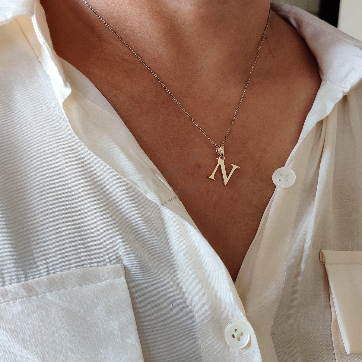 14K Solid Yellow Gold Initial N Pendant, Letter Charm Pendant