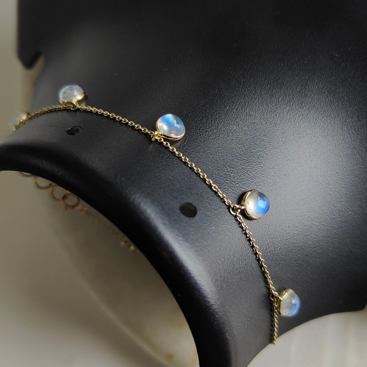 14K Solid Yellow Gold Natural Rainbow Moonstone Bracelet, Gemstone Chain Bracelet