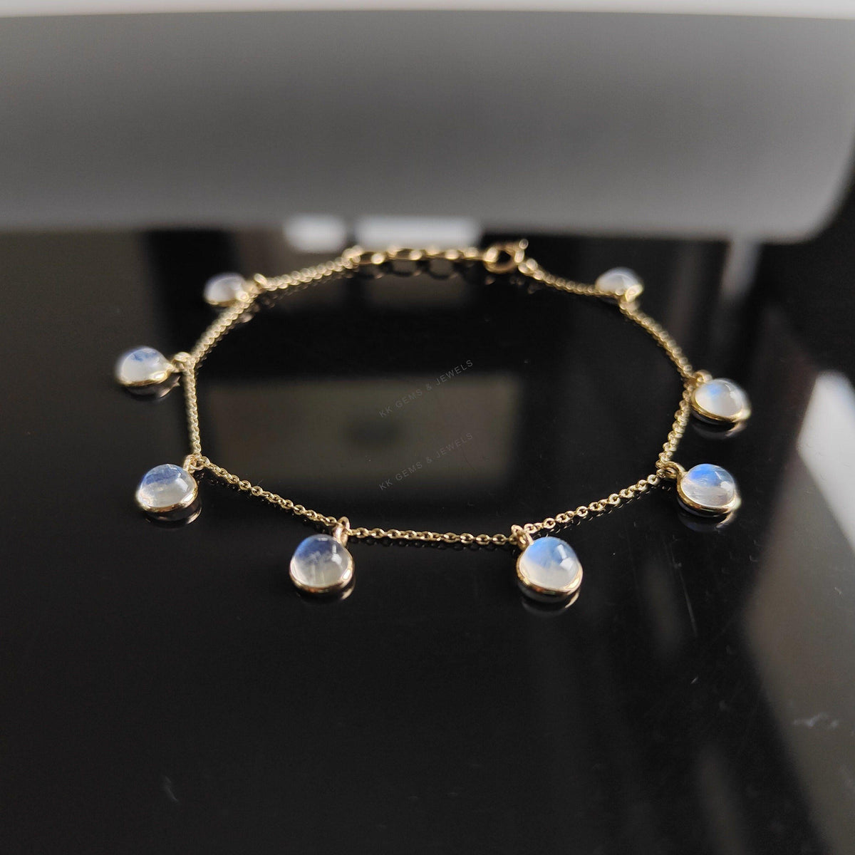 14K Solid Yellow Gold Natural Rainbow Moonstone Bracelet, Gemstone Chain Bracelet