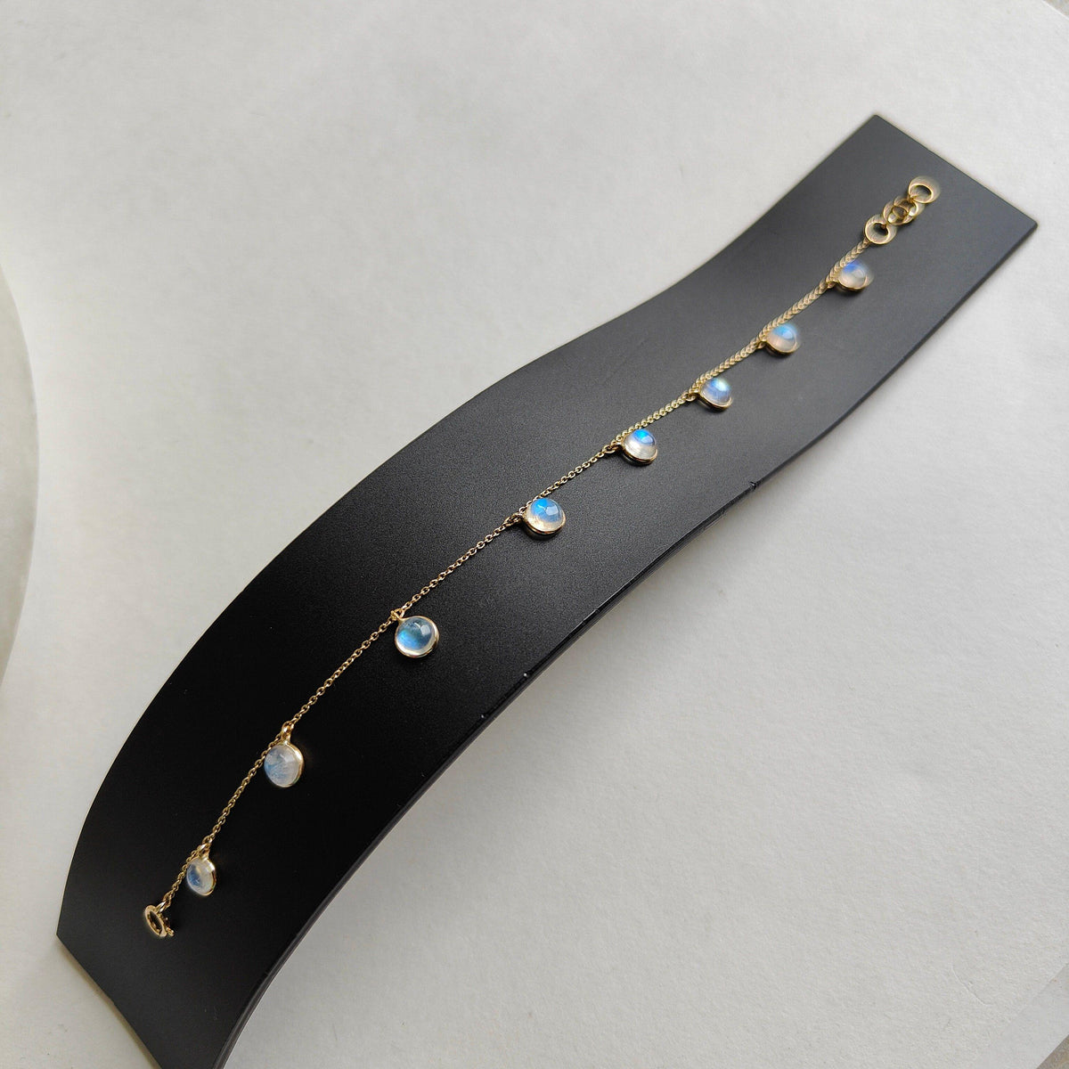 14K Solid Yellow Gold Natural Rainbow Moonstone Bracelet, Gemstone Chain Bracelet