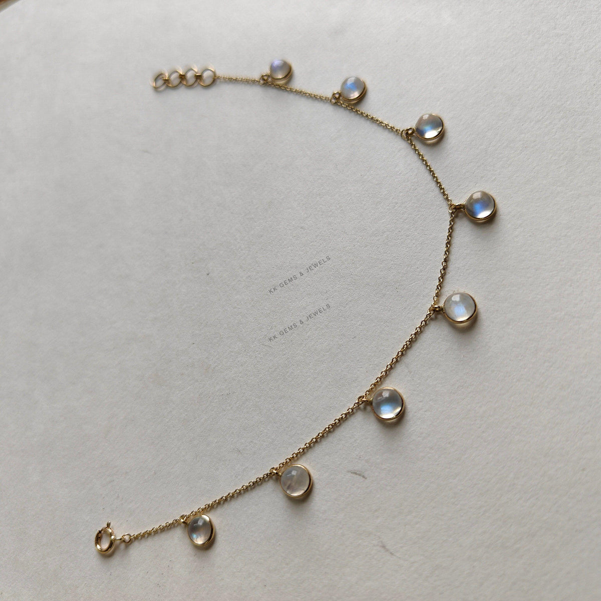 14K Solid Yellow Gold Natural Rainbow Moonstone Bracelet, Gemstone Chain Bracelet