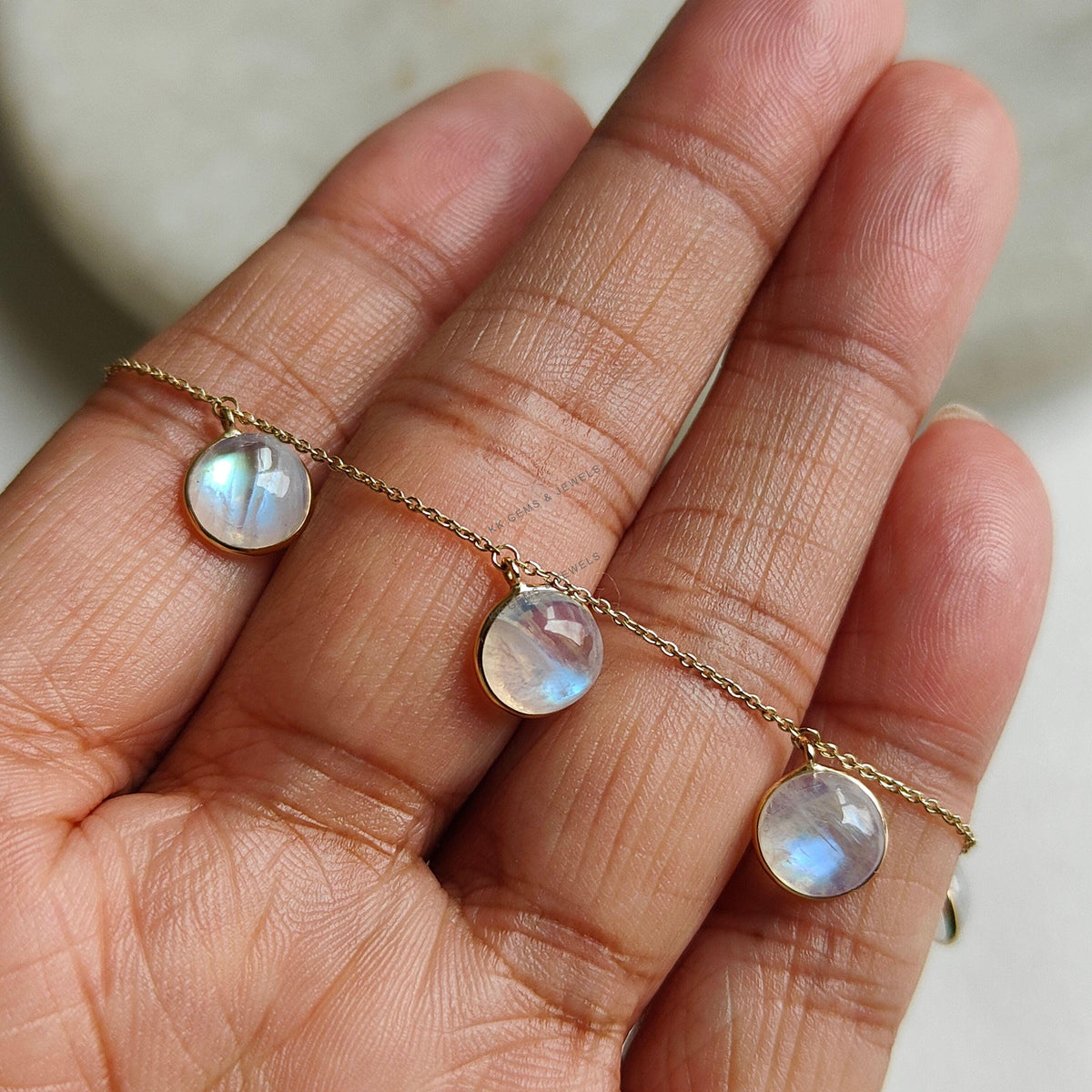 14K Solid Gold Natural Rainbow Moonstone Bracelet, Dainty Gemstone Bezel Bracelet