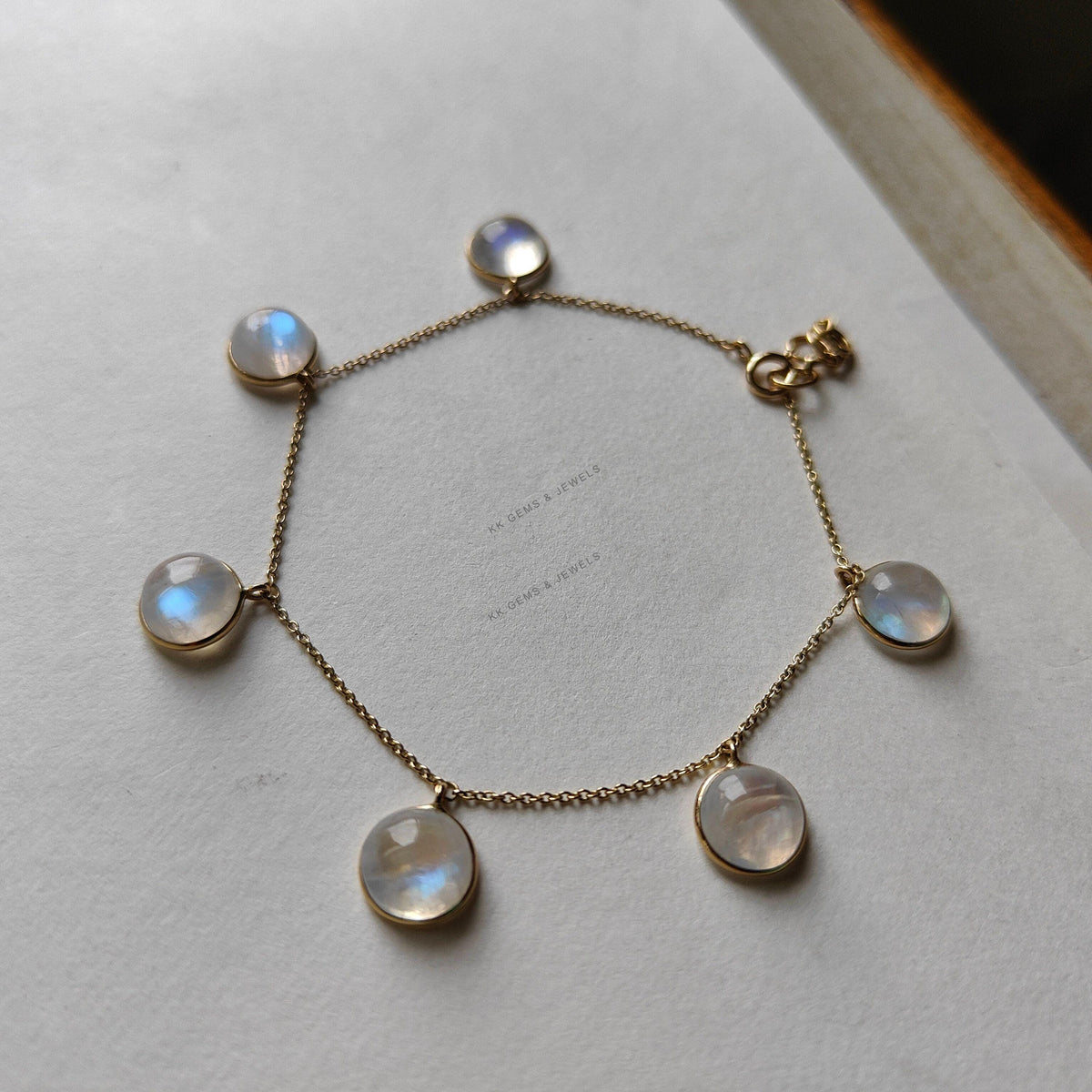 14K Solid Gold Natural Rainbow Moonstone Bracelet, Dainty Gemstone Bezel Bracelet