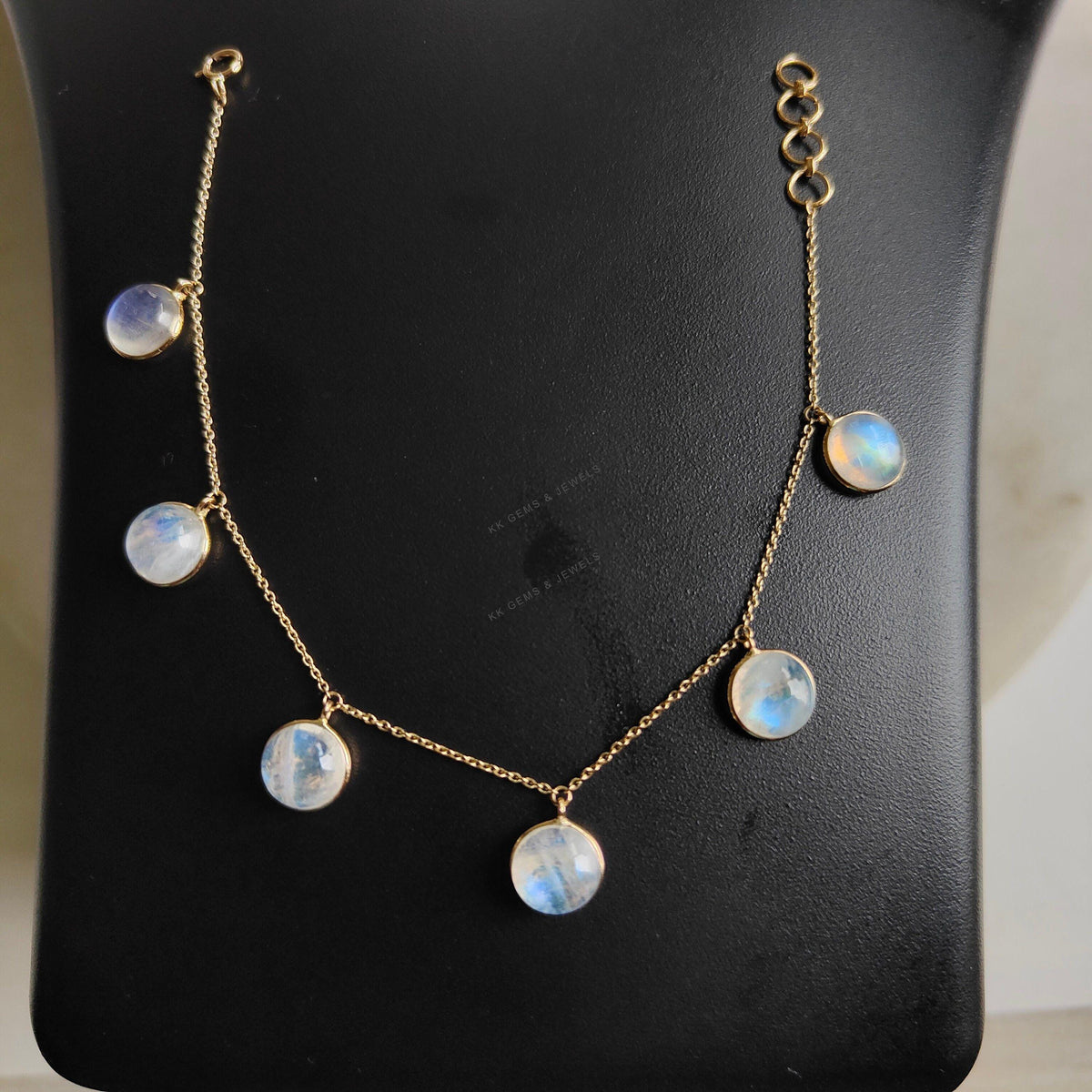 14K Solid Gold Natural Rainbow Moonstone Bracelet, Dainty Gemstone Bezel Bracelet