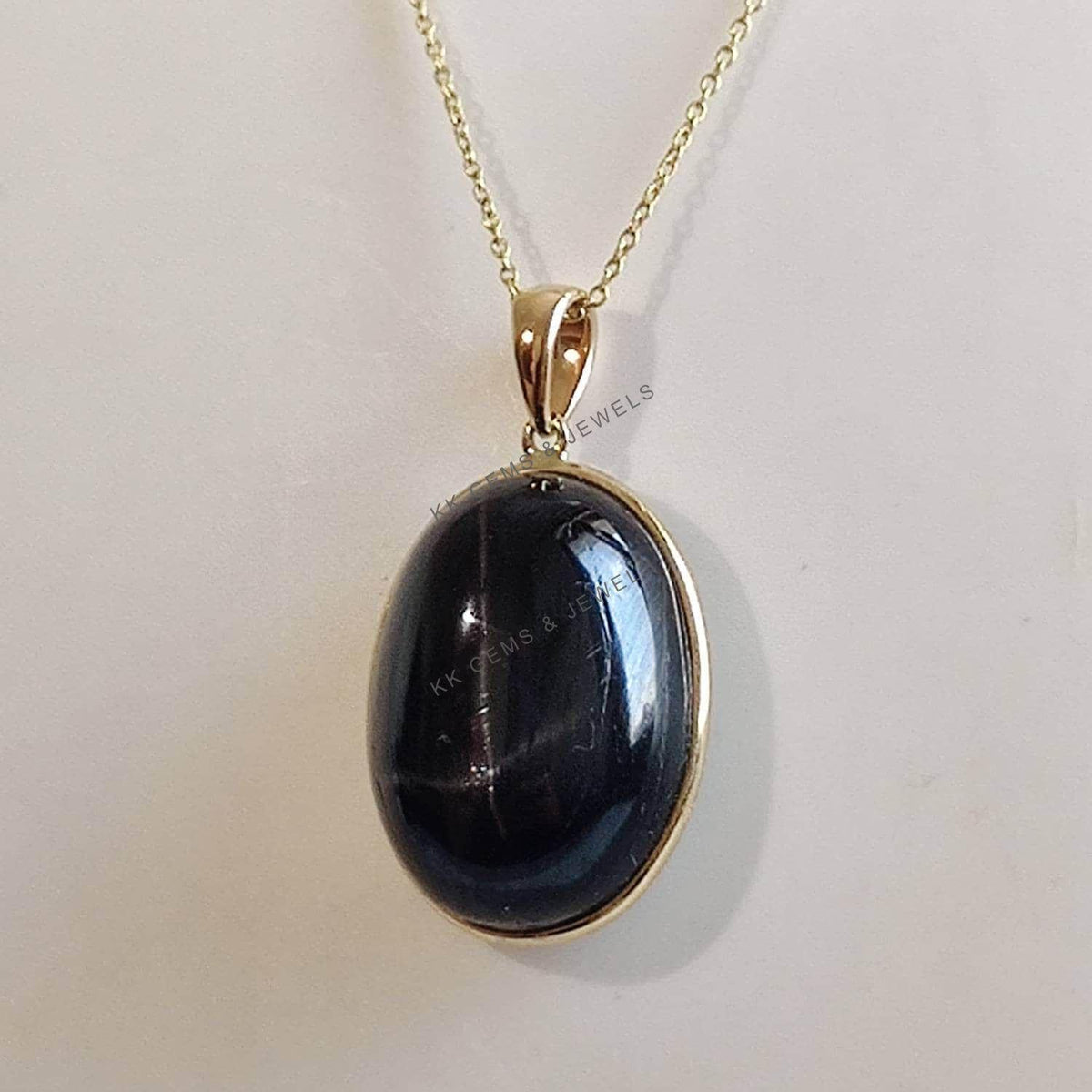 14K Solid Gold Natural Black Star Diopside Pendant, Handmade Oval Cabochon