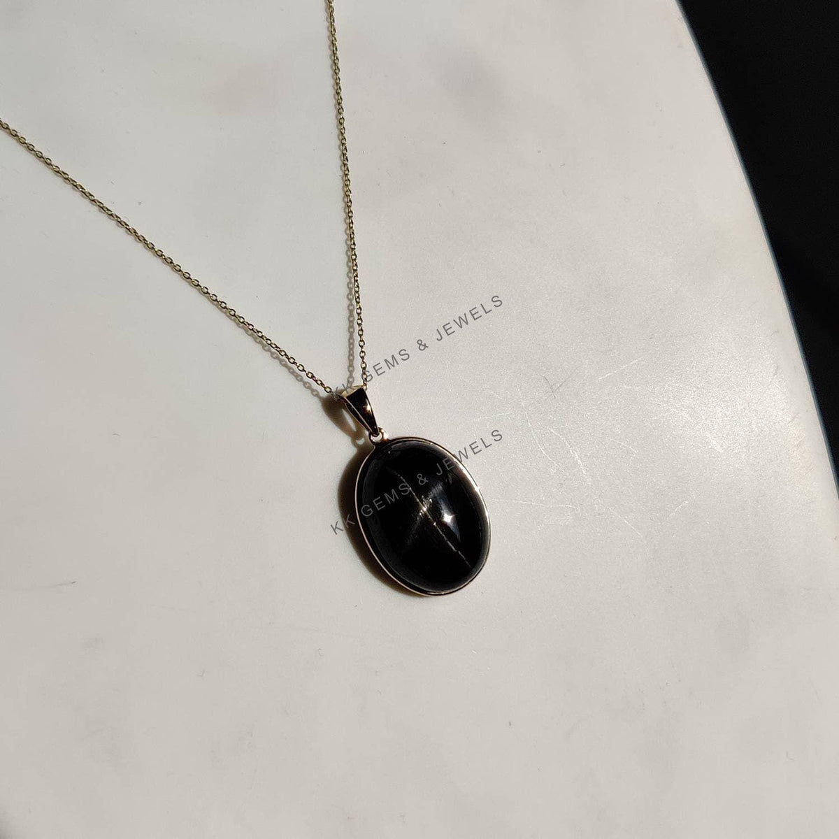 14K Solid Gold Natural Black Star Diopside Pendant, Handmade Oval Cabochon