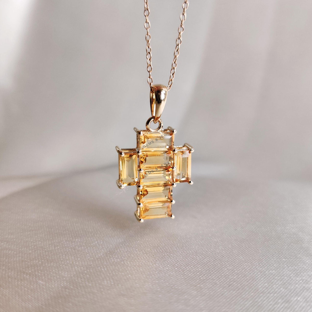 14K Solid Gold Natural Citrine Cross Pendant, November Birthstone,, Christmas Gift