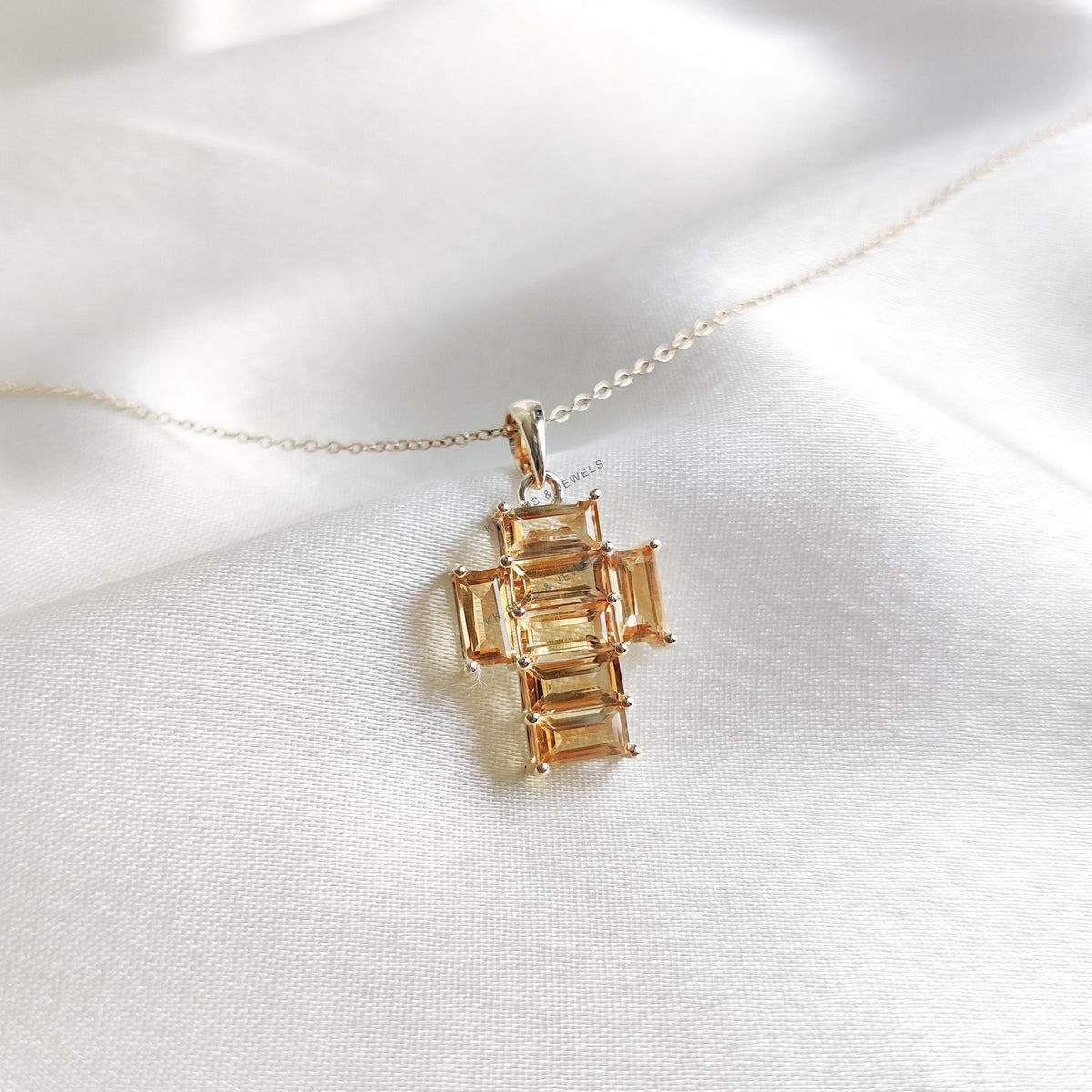 14K Solid Gold Natural Citrine Cross Pendant, November Birthstone,, Christmas Gift
