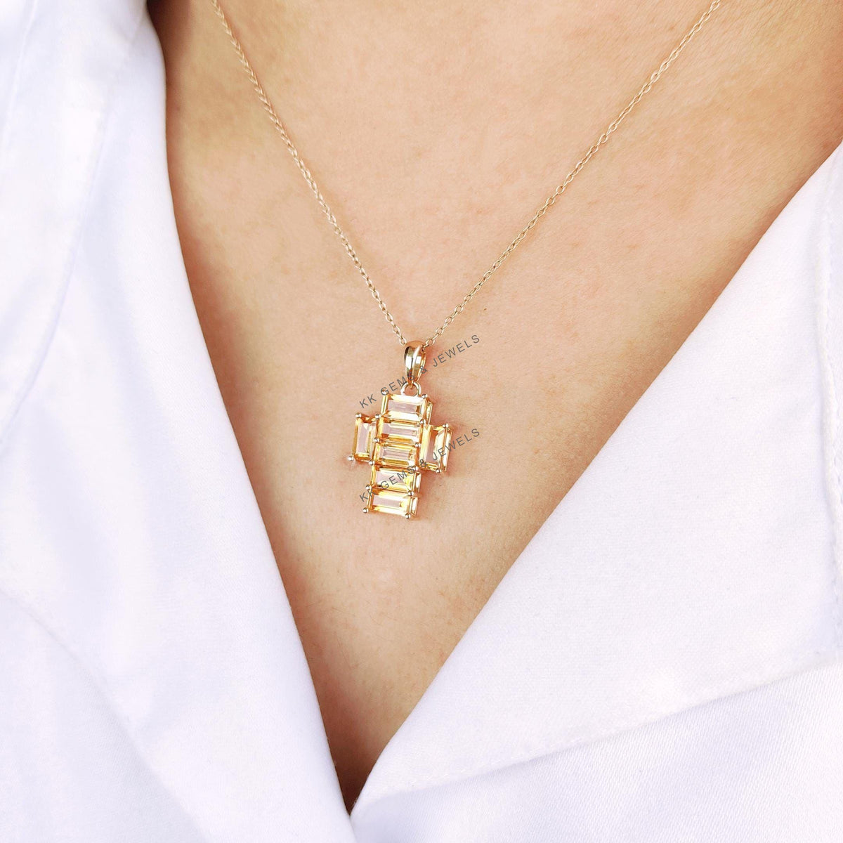 14K Solid Gold Natural Citrine Cross Pendant, November Birthstone,, Christmas Gift