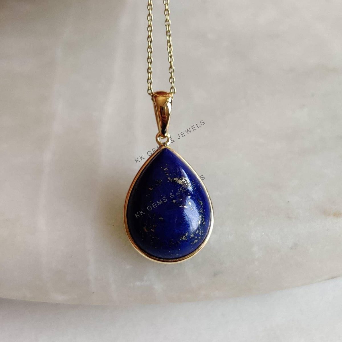 14K Solid Yellow Gold Natural Lapis Lazuli Pear Bezel Pendant, September Birthstone