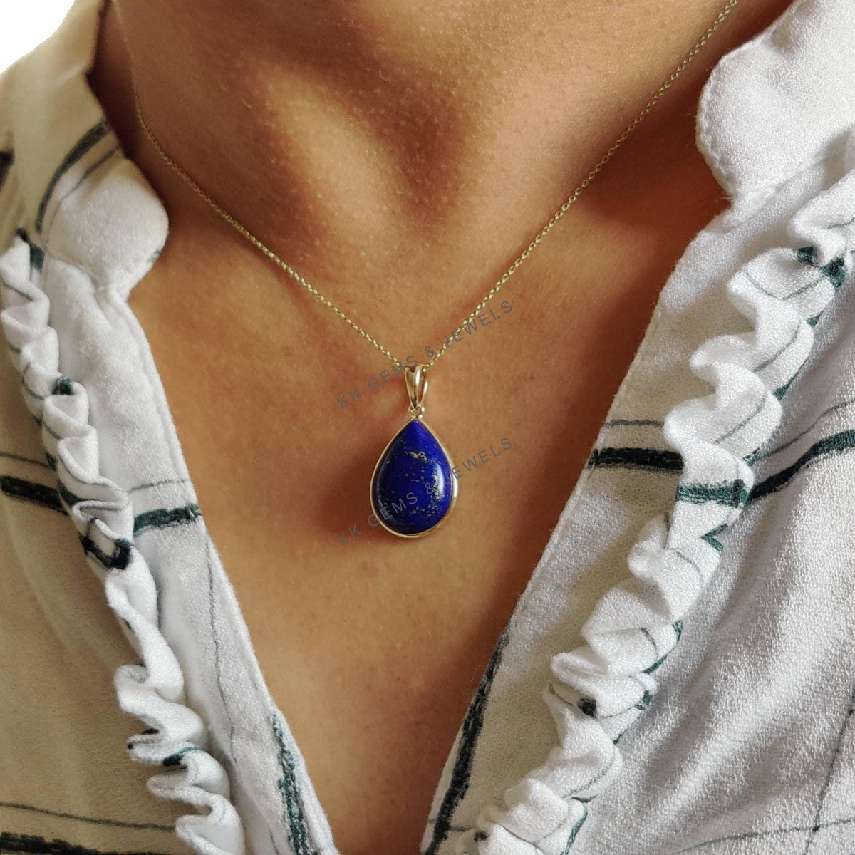 14K Solid Yellow Gold Natural Lapis Lazuli Pear Bezel Pendant, September Birthstone