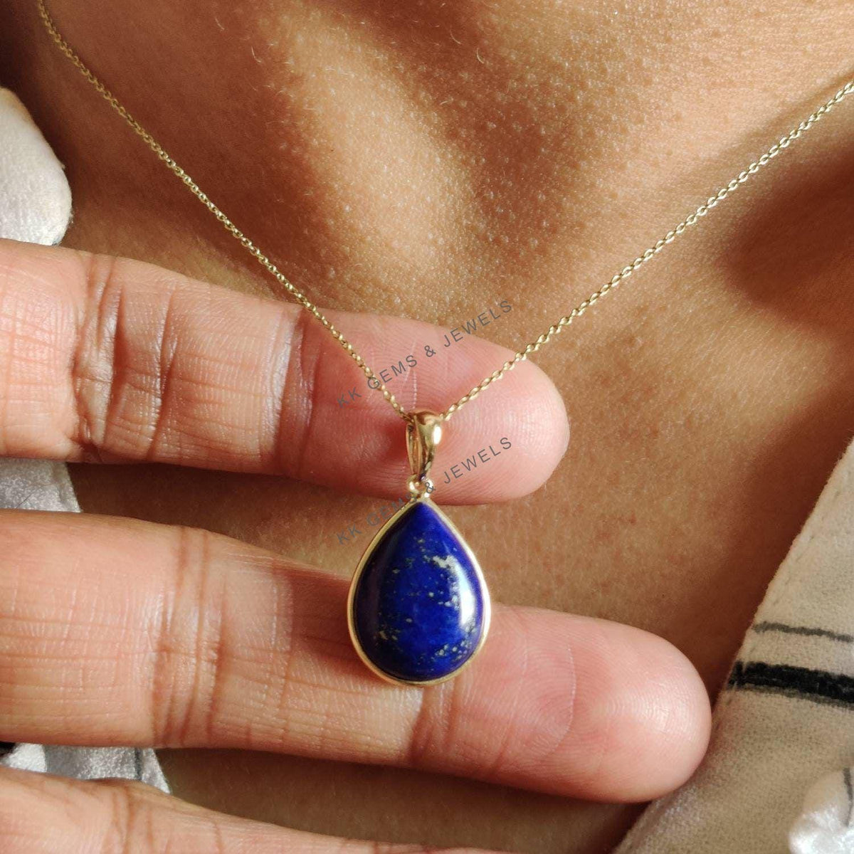 14K Solid Yellow Gold Natural Lapis Lazuli Pear Bezel Pendant, September Birthstone
