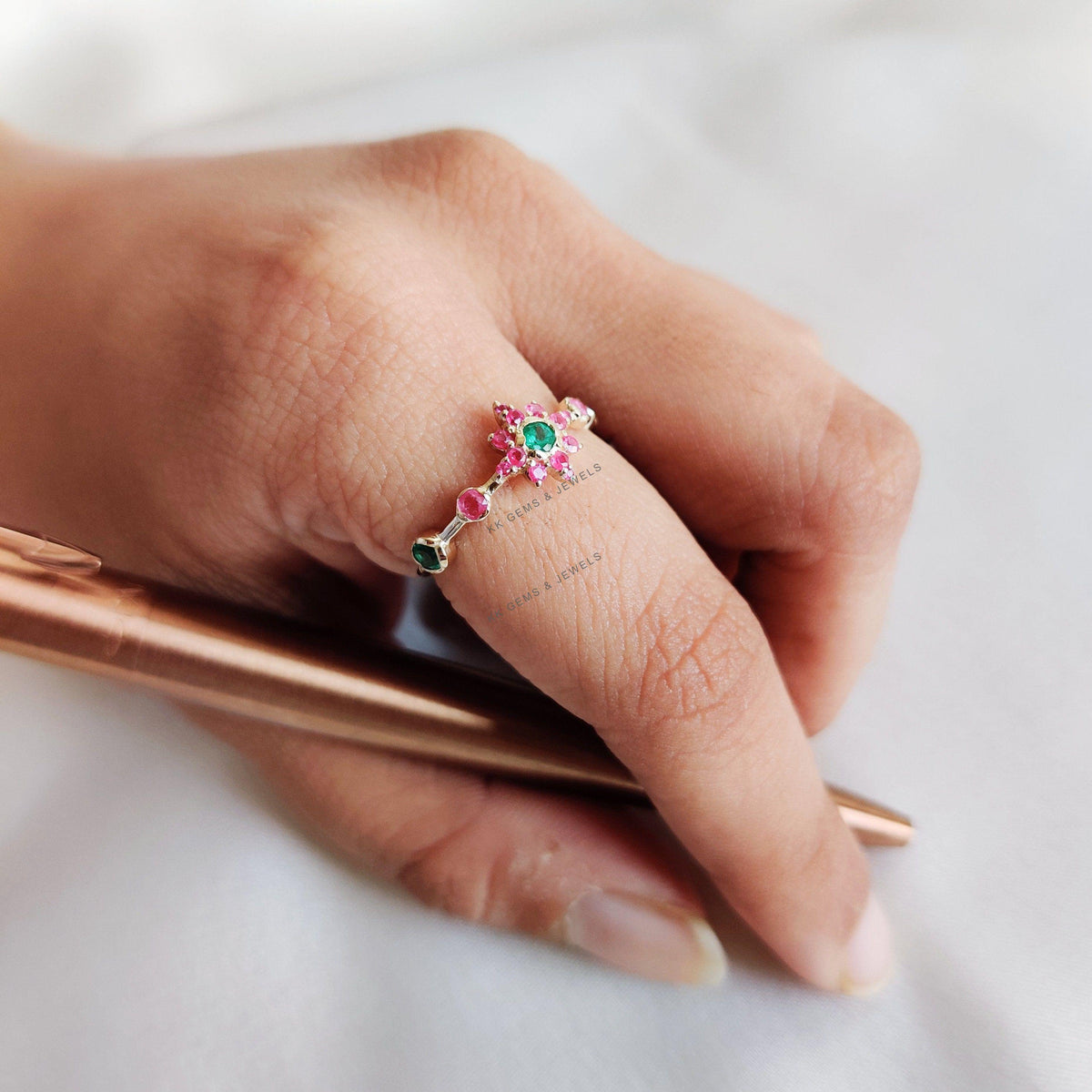 14K Solid Gold Natural Ruby & Emerald Ring, Dainty Birthstone Ring, Christmas Gift