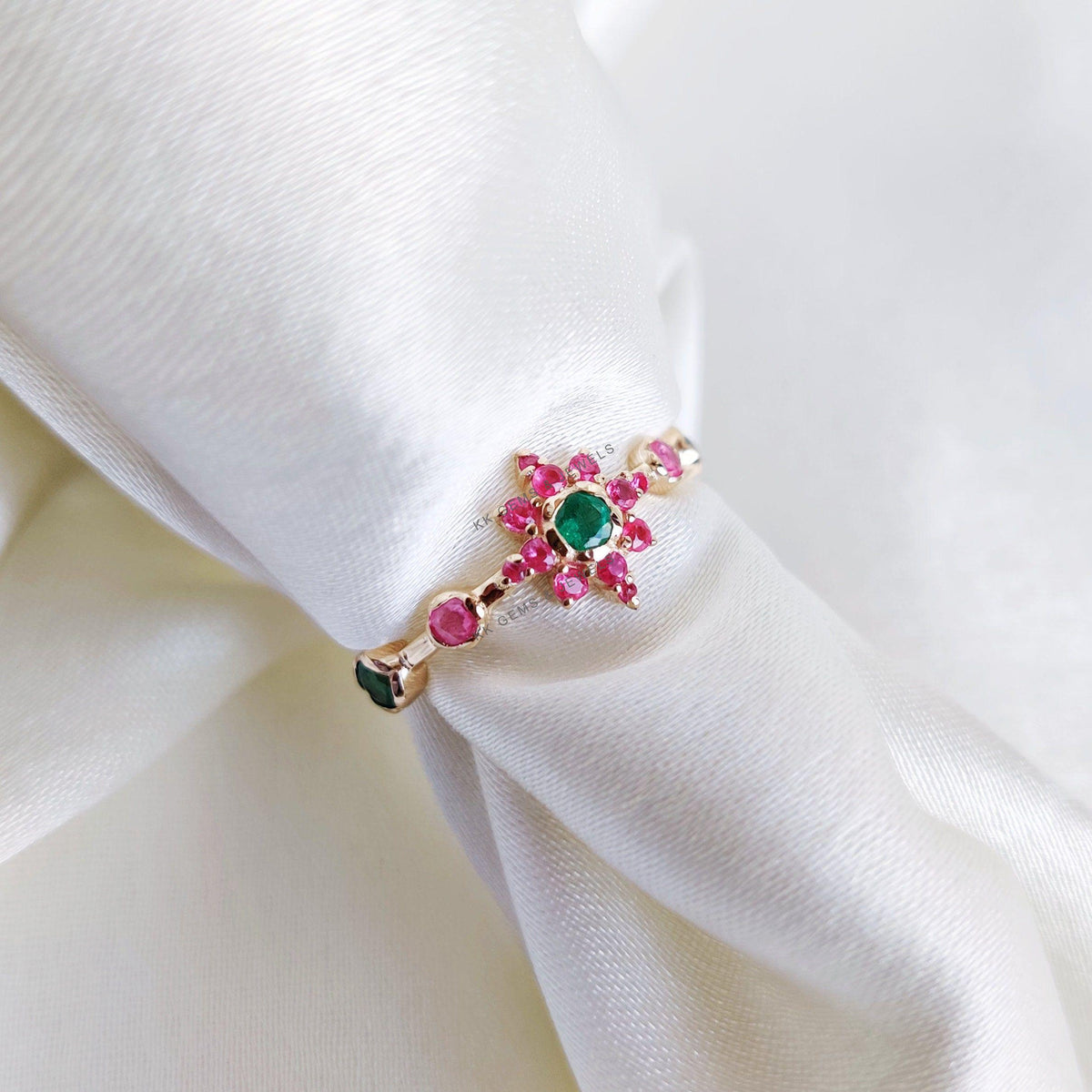 14K Solid Gold Natural Ruby & Emerald Ring, Dainty Birthstone Ring, Christmas Gift