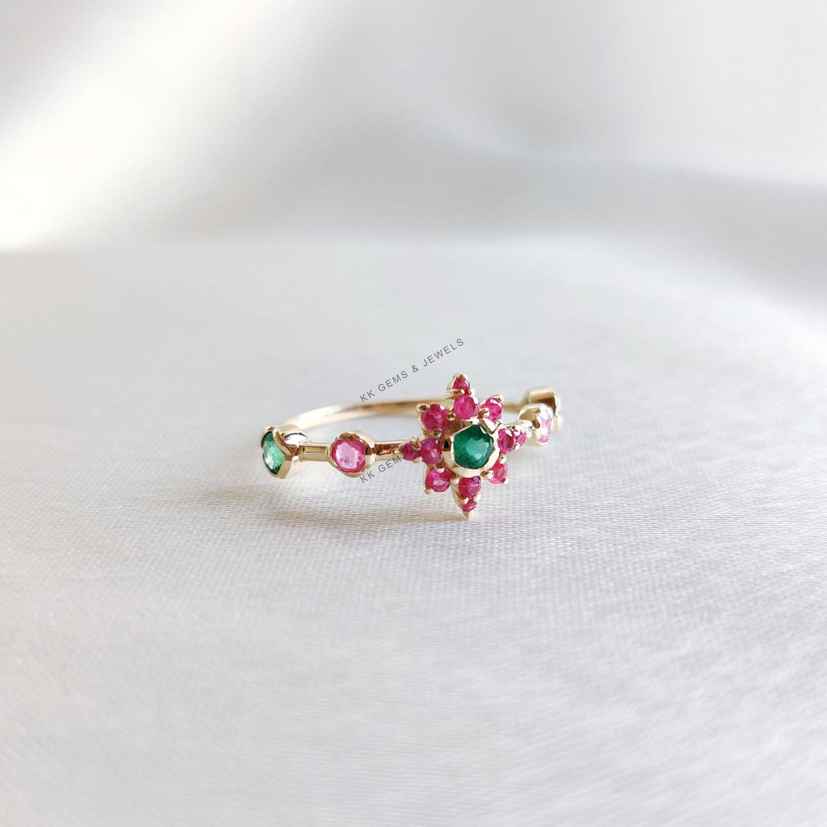 14K Solid Gold Natural Ruby & Emerald Ring, Dainty Birthstone Ring, Christmas Gift