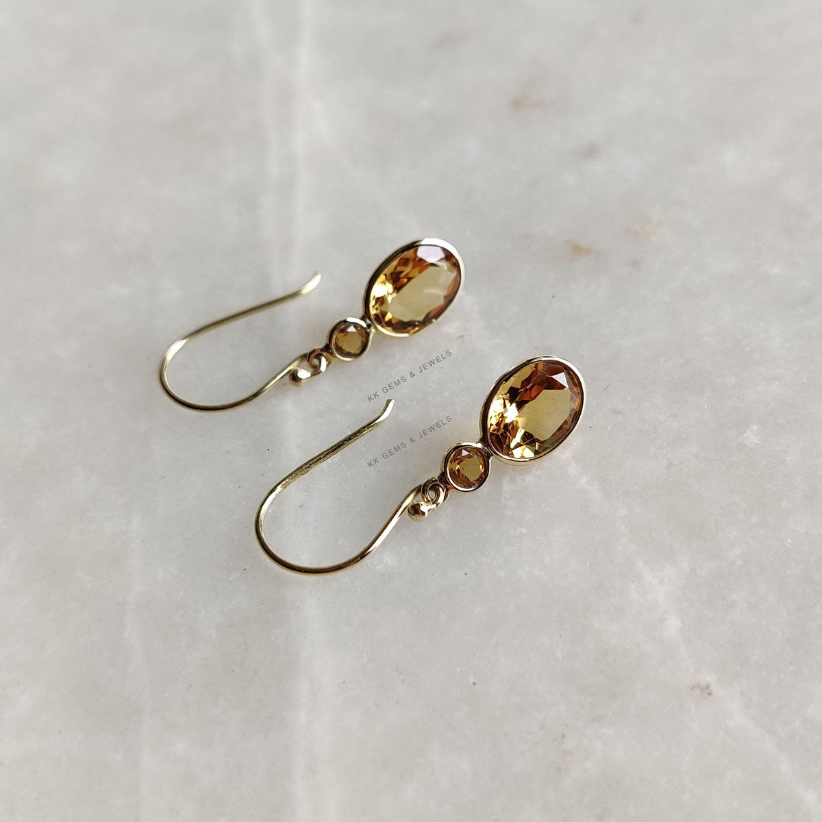 14K Solid Yellow Gold Natural Citrine Drop Earrings, November Birthstone Jewelry