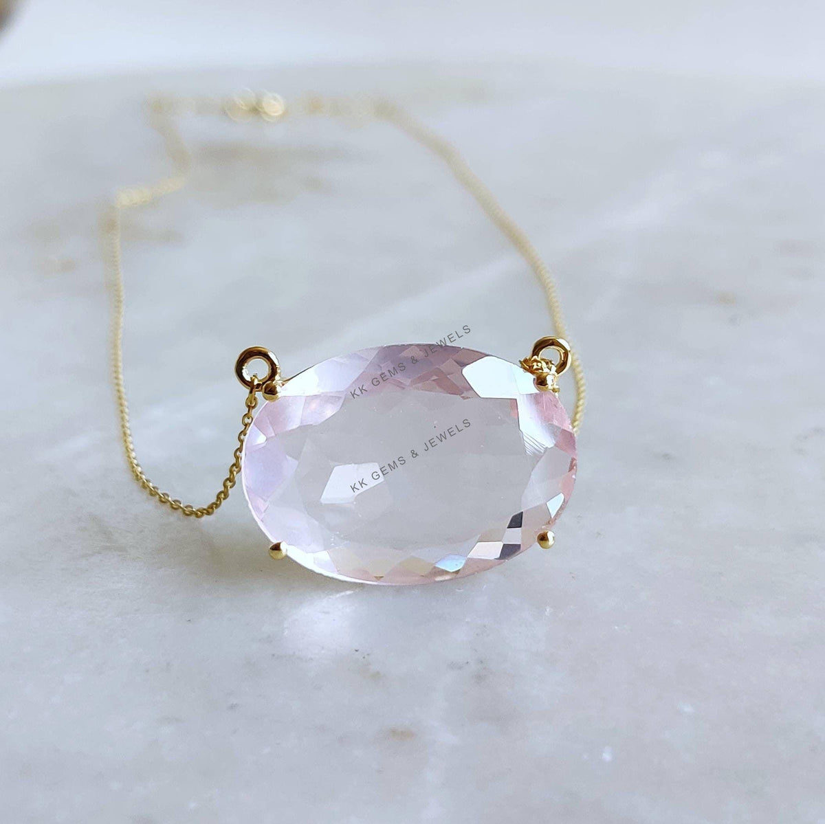 Natural Rose Quartz Necklace, 14K Solid Yellow Gold, January Birthstone
