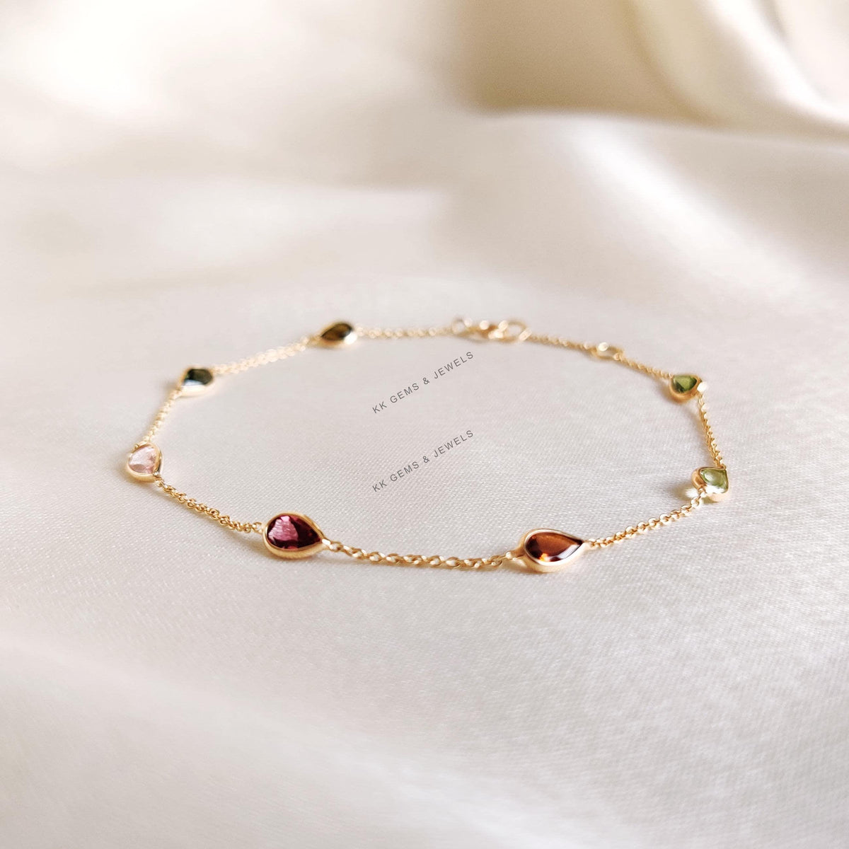 14K Solid Gold Natural Multi-Tourmaline Bracelet, October Birthstone Jewelry