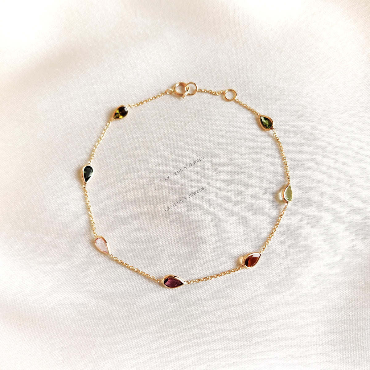14K Solid Gold Natural Multi-Tourmaline Bracelet, October Birthstone Jewelry