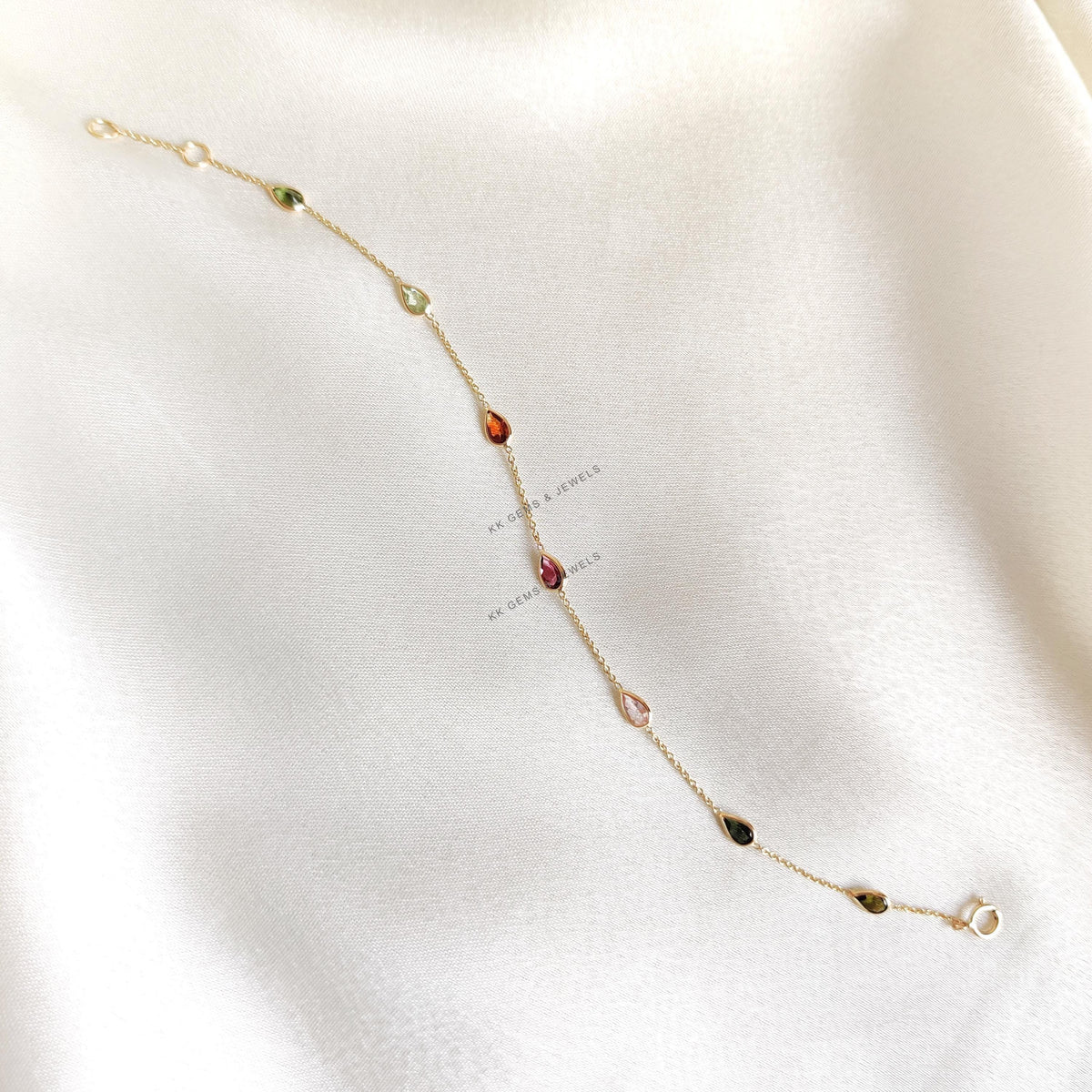 14K Solid Gold Natural Multi-Tourmaline Bracelet, October Birthstone Jewelry