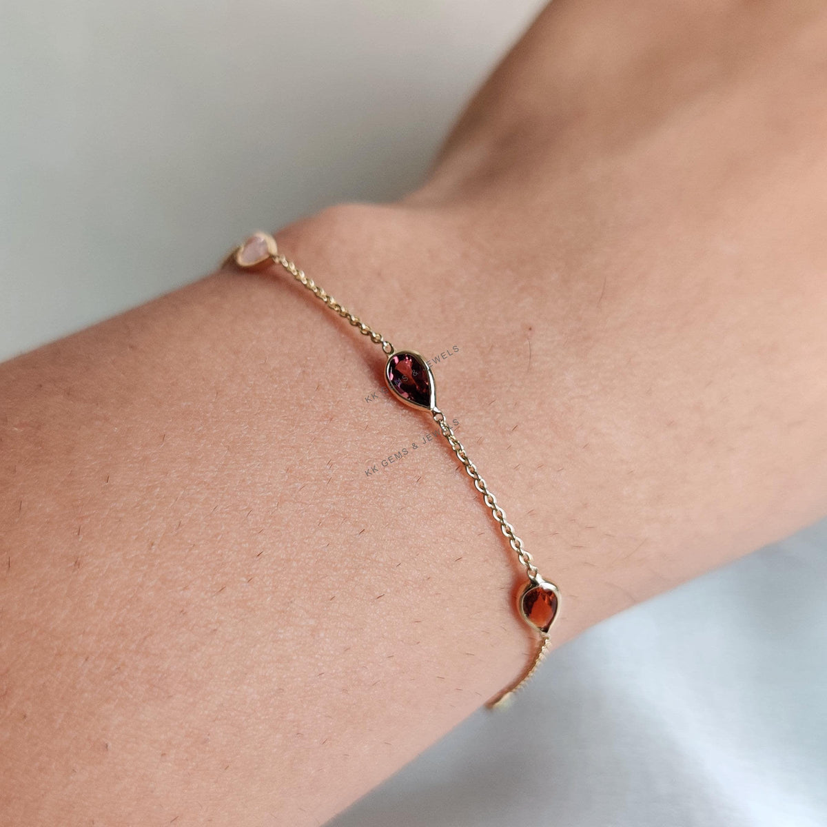14K Solid Gold Natural Multi-Tourmaline Bracelet, October Birthstone Jewelry