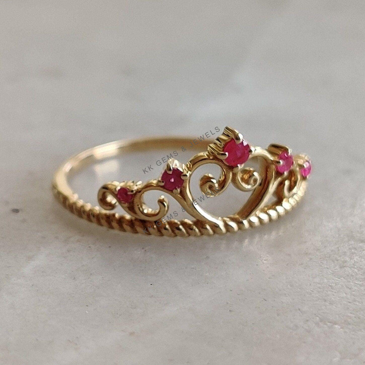 14K Solid Yellow Gold Natural Ruby Crown Ring, July Birthstone
