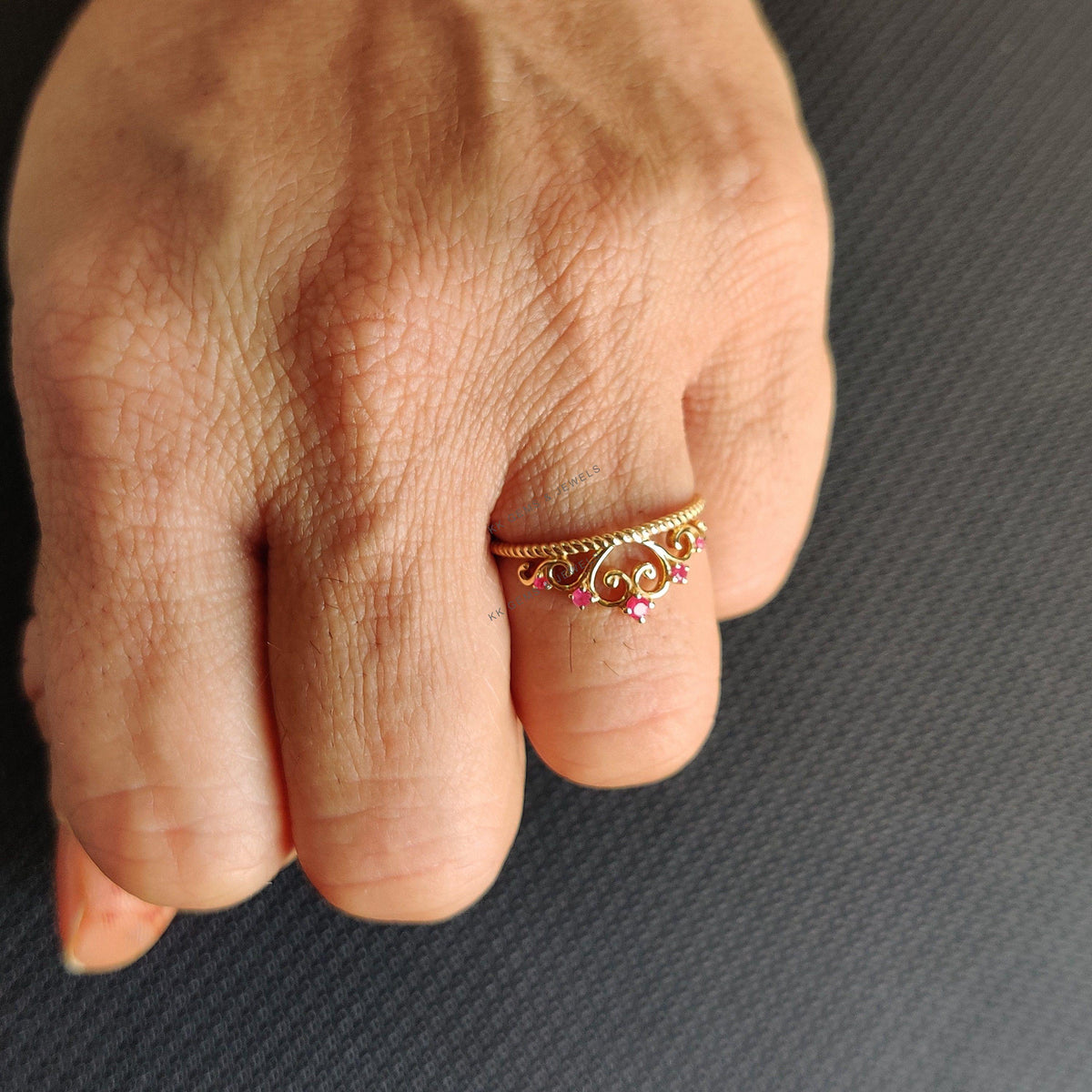 14K Solid Yellow Gold Natural Ruby Crown Ring, July Birthstone