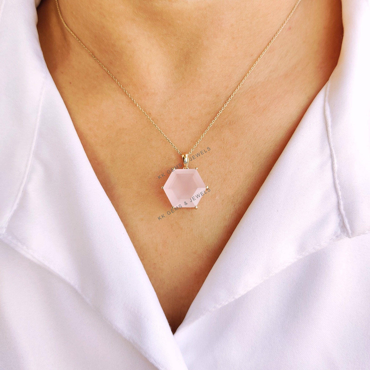 14K Solid Gold Natural Rose Quartz Pendant, Hexagon January Birthstone