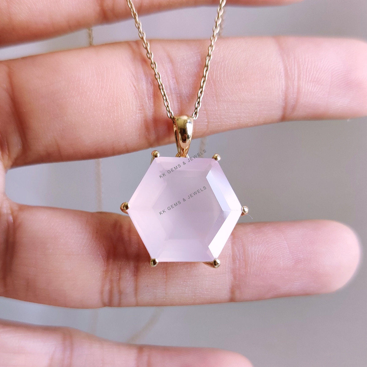 14K Solid Gold Natural Rose Quartz Pendant, Hexagon January Birthstone