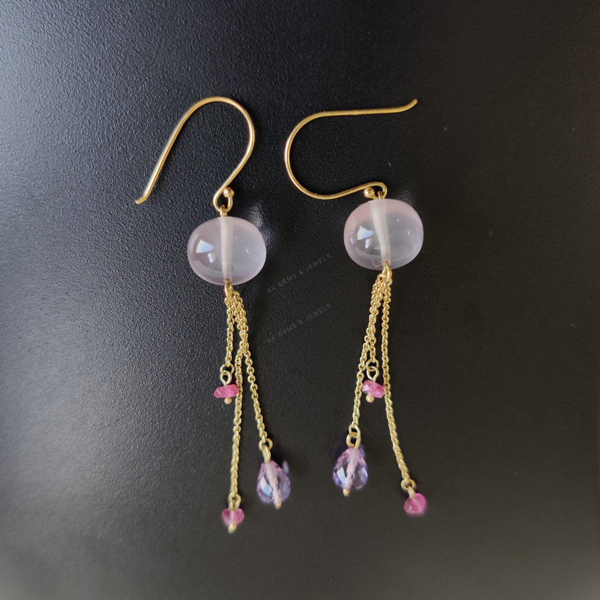 14K Solid Yellow Gold Natural Rose Quartz & Amethyst Tourmaline Earrings, Christmas Gift