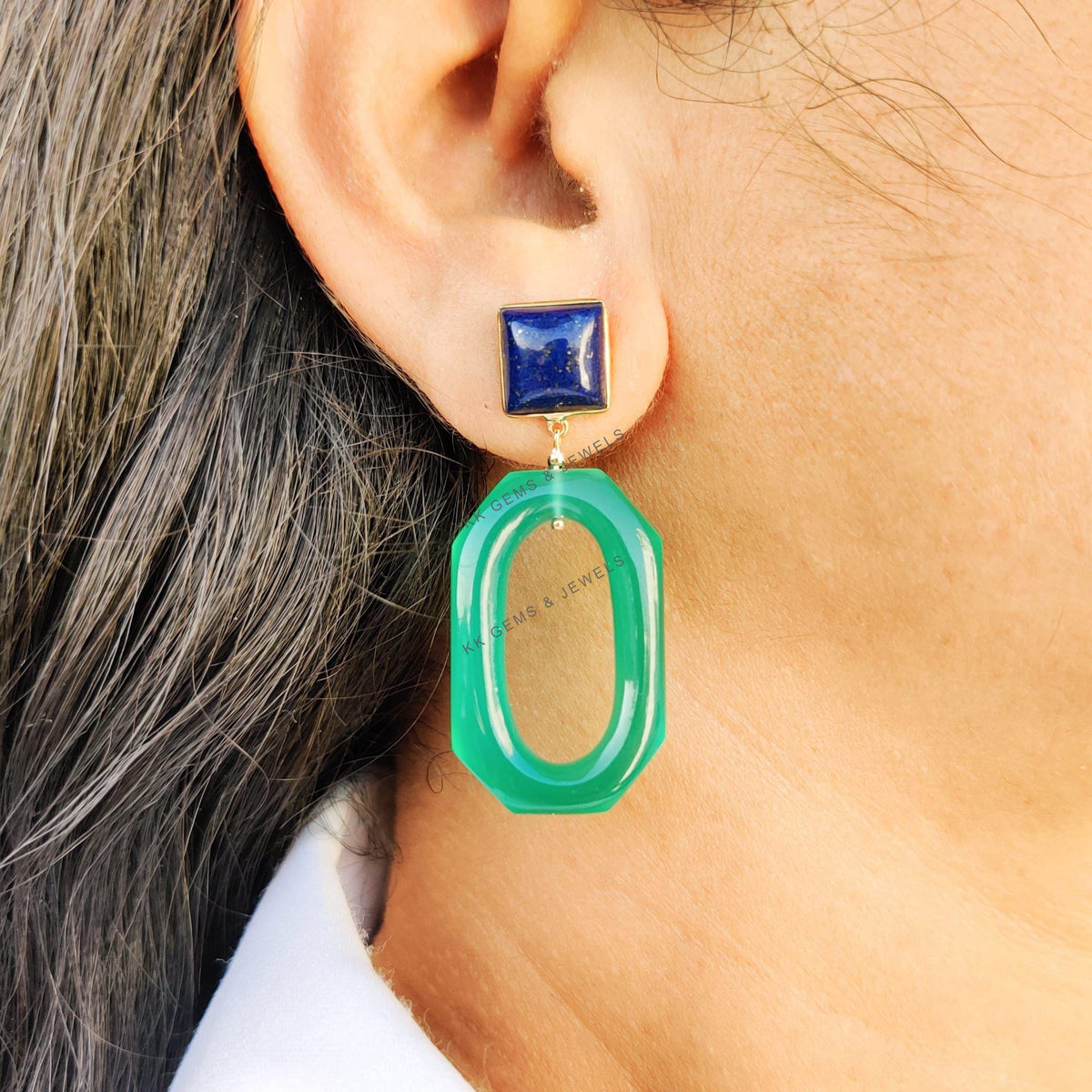 14K Solid Gold Natural Lapis Lazuli & Green Onyx Gemstone Earrings, Christmas Present