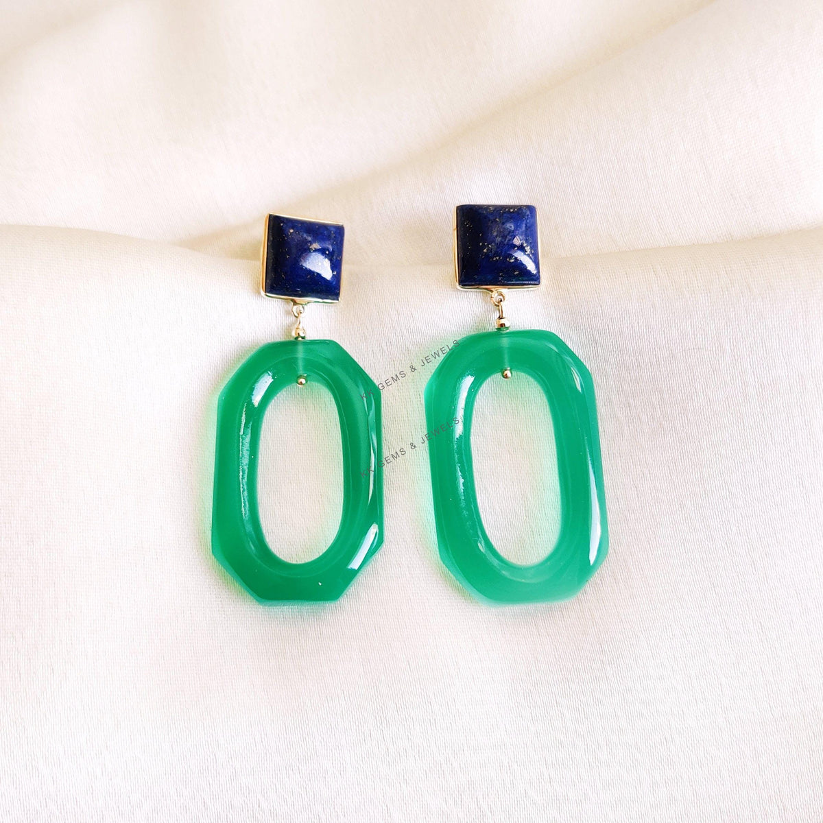 14K Solid Gold Natural Lapis Lazuli & Green Onyx Gemstone Earrings, Christmas Present