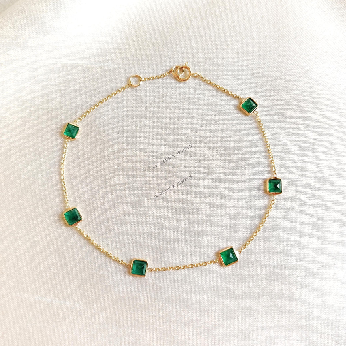Natural Emerald Bracelet, 14K Solid Yellow Gold, May Birthstone