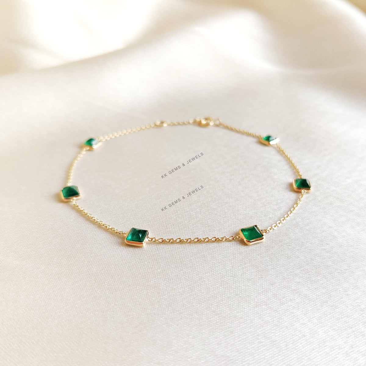 Natural Emerald Bracelet, 14K Solid Yellow Gold, May Birthstone
