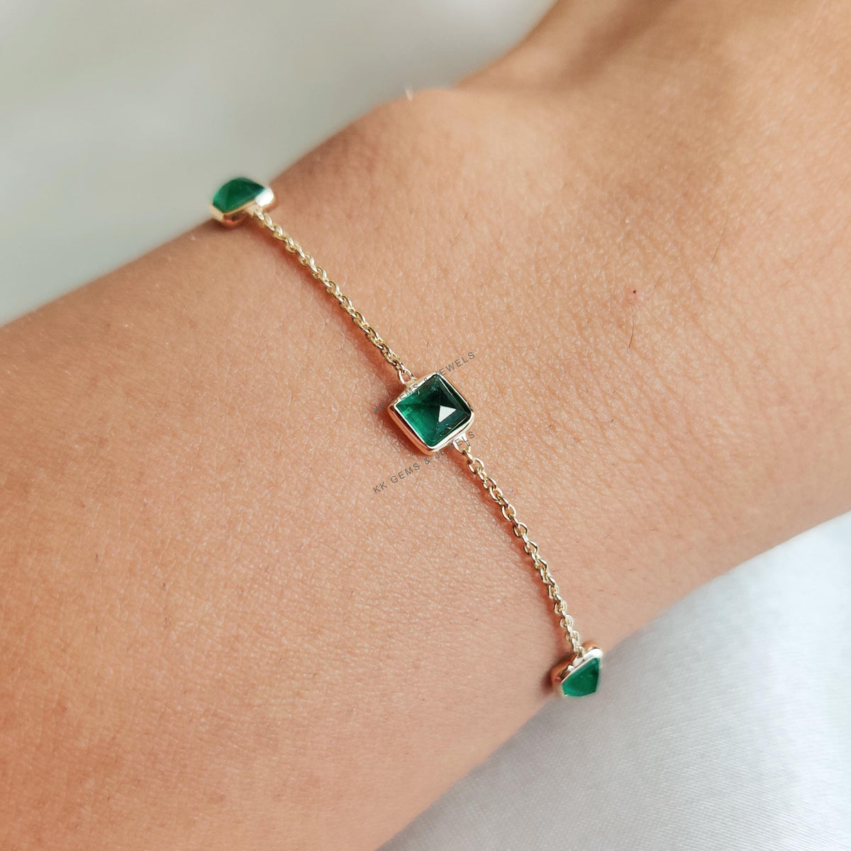 Natural Emerald Bracelet, 14K Solid Yellow Gold, May Birthstone