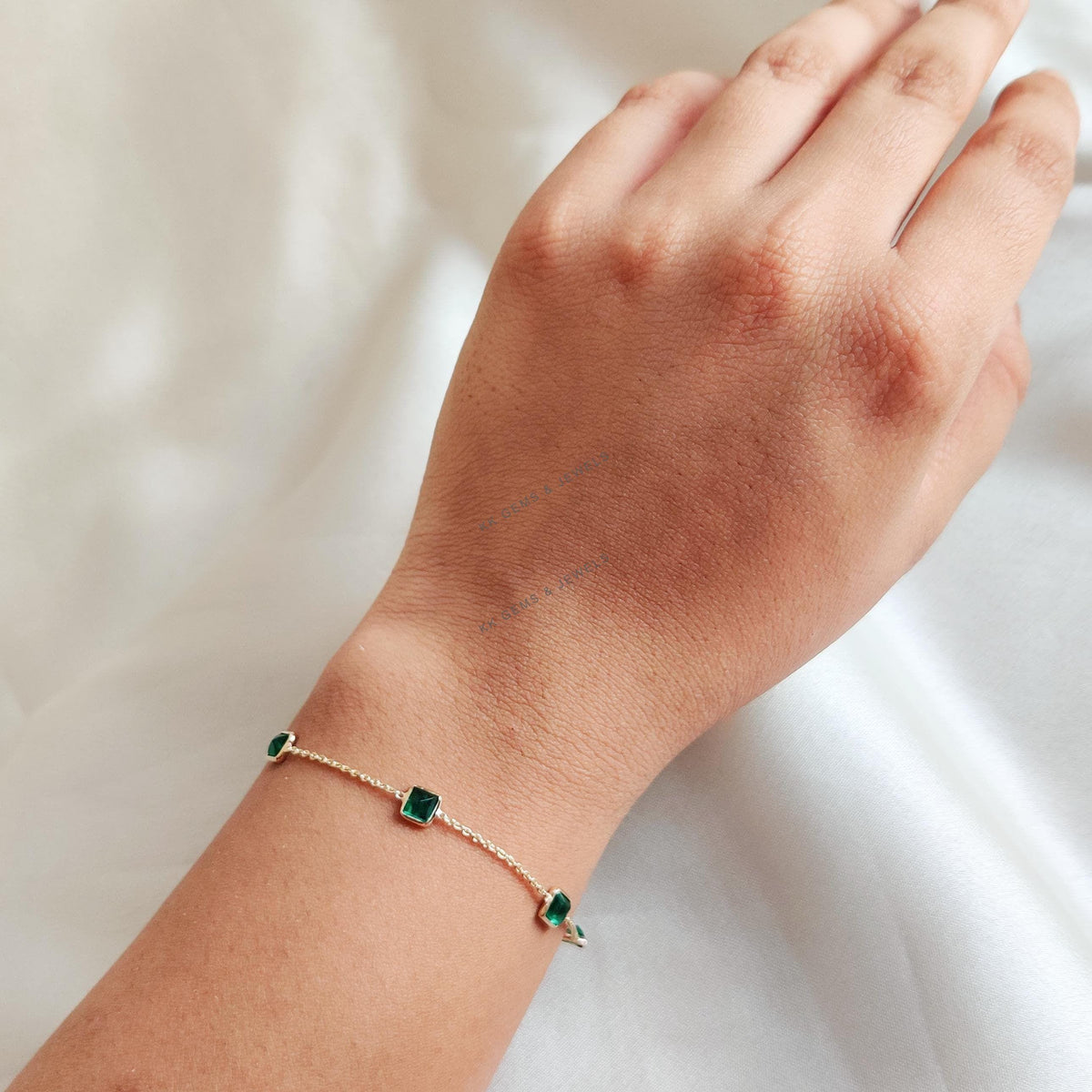 Natural Emerald Bracelet, 14K Solid Yellow Gold, May Birthstone