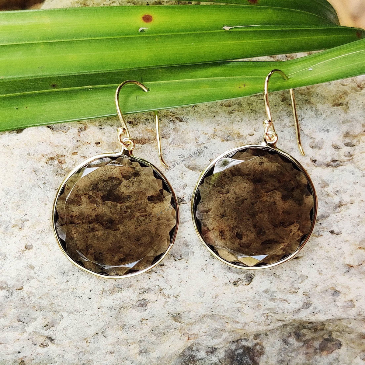 14K Solid Gold Natural Smoky Quartz Earrings, Round Bezel Drop Earrings