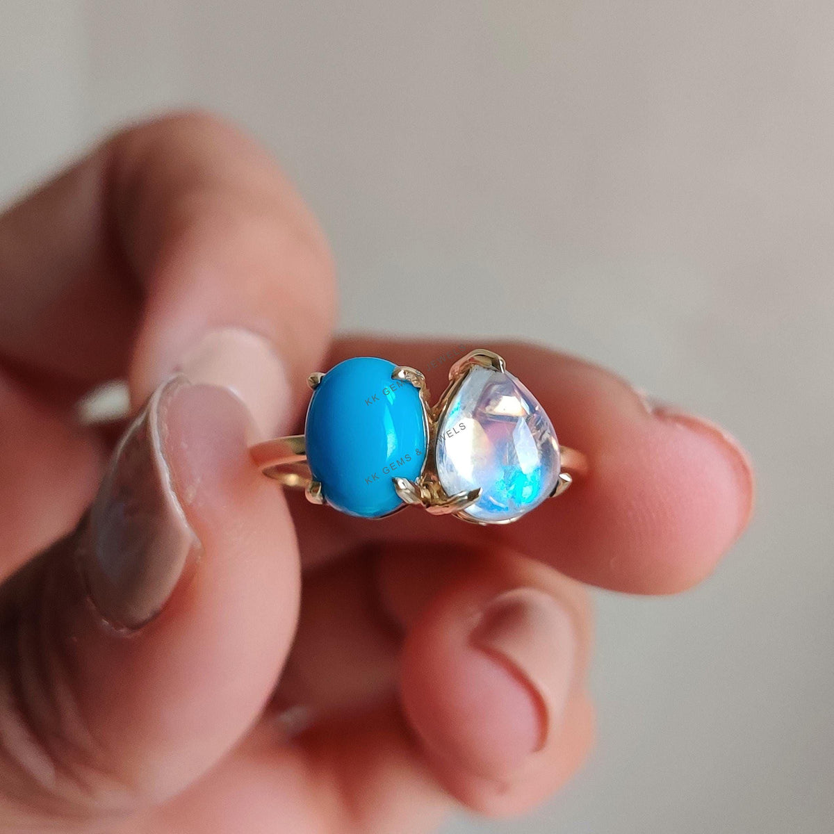 Natural Turquoise & Rainbow Moonstone Ring, 14K Solid Yellow Gold Toi et Moi Ring
