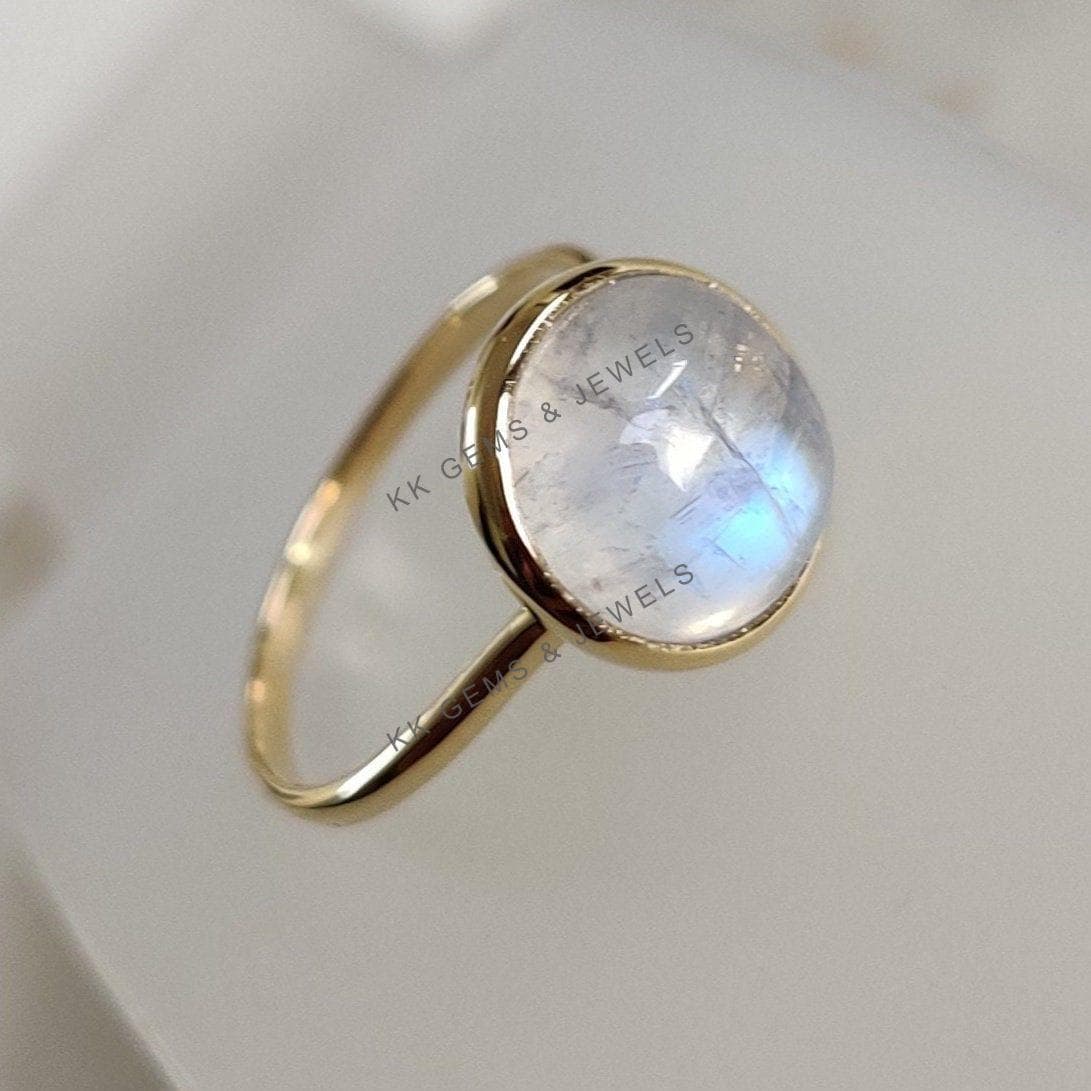 14K Solid Yellow Gold Natural Rainbow Moonstone Ring, June Birthstone