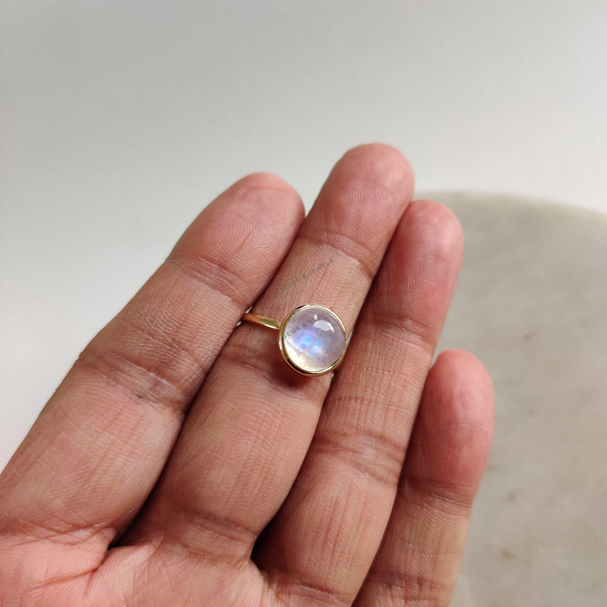 14K Solid Yellow Gold Natural Rainbow Moonstone Ring, June Birthstone