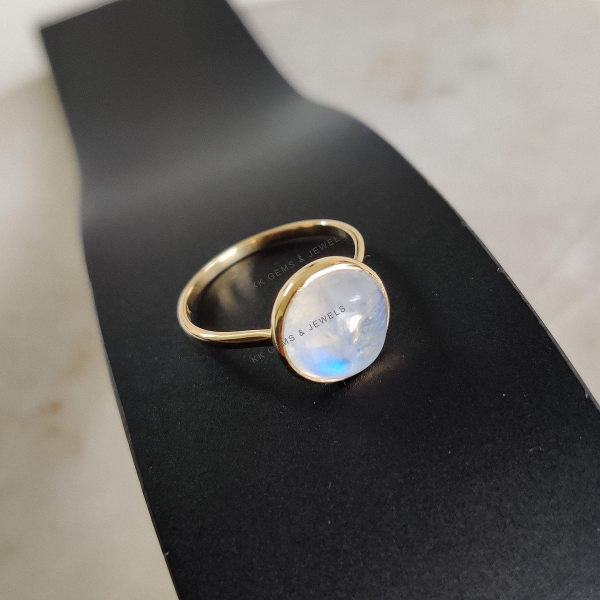 14K Solid Yellow Gold Natural Rainbow Moonstone Ring, June Birthstone