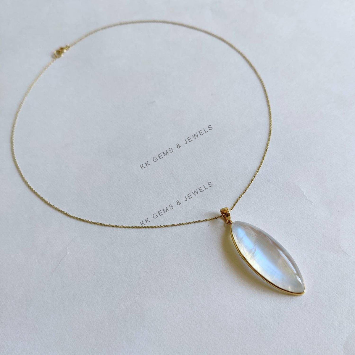 Natural Rainbow Moonstone Pendant, 14K Solid Yellow Gold, June Birthstone