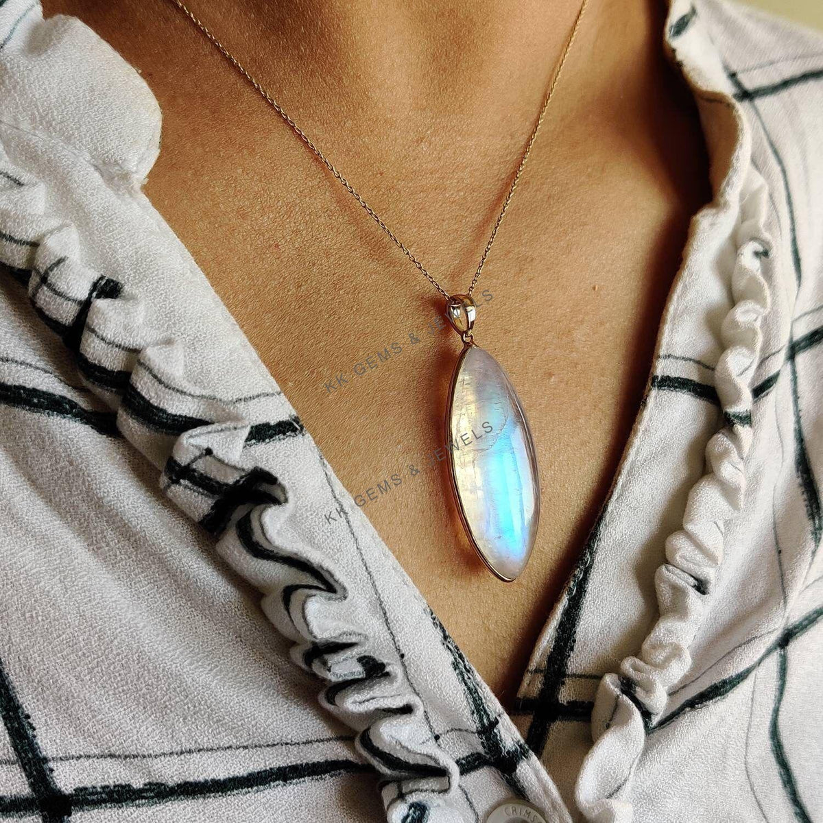 Natural Rainbow Moonstone Pendant, 14K Solid Yellow Gold, June Birthstone